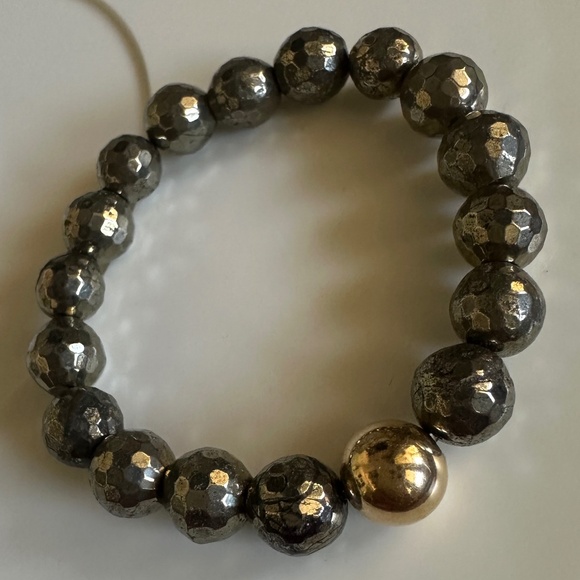 10mm Faceted Pyrite Stretch Bracelet | 14K Gold Filled Ball Spacer | Metallic - Picture 3 of 6